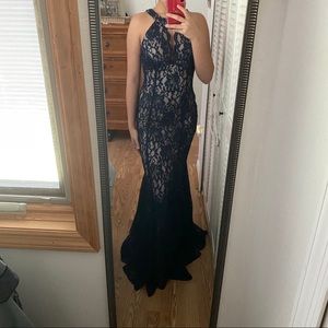 Navy blue holster lace fitted prom dress